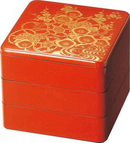 10セット　重箱 3段 6.5寸重 朱金ツツミ  (外寸19.6cm角 高さ17.5cm)福井クラフト