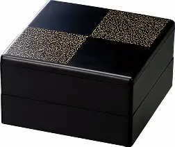 10セット　重箱 2段  6.5寸彩重2段(外寸19.6cm角 高さ11.7cm)艶消黒 地紋金市松 福井クラフト