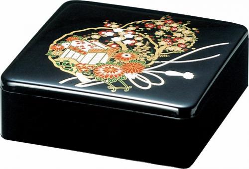 10セット 重箱 1段 6.5寸重1段  黒花御所車(外寸19.6cm角 高さ7.5cm)福井クラフト