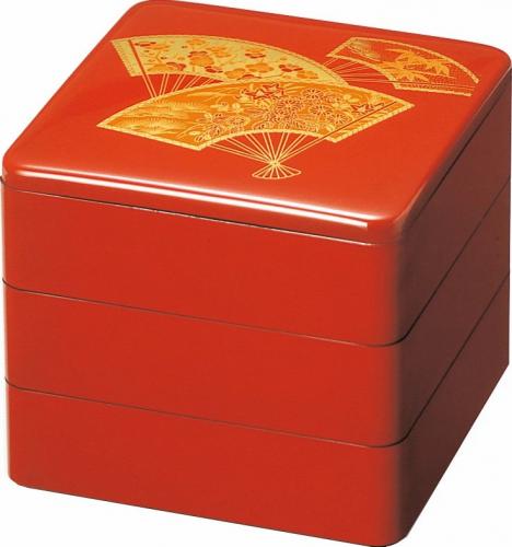 10セット 重箱 3段 6.5寸重3段 (外寸19.6cm角 高さ17.6cm)朱扇面松竹梅 福井クラフト