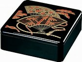 10セット　重箱 1段 6.5寸重1段  黒招福扇面(外寸19.6cm角 高さ7.5cm)福井クラフト
