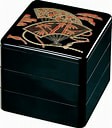 10セット 重箱 3段 6.5寸重3段  黒招福扇面(外寸19.6cm角 高さ17.5cm)福井クラフト