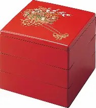 10セット　重箱 3段 6.5寸彩重3段 (外寸19.6cm角 高さ17.6cm)朱花車 福井クラフト