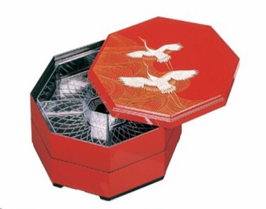 八角オードブル 二羽鶴 朱 尺1寸  日本製 福井クラフト