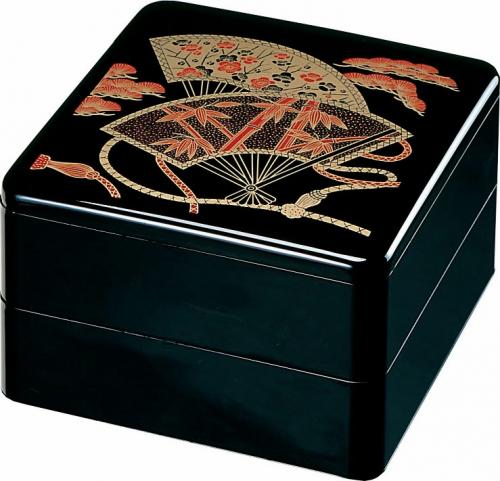 10セット 重箱 2段 6.5寸重2段  黒招福扇面(外寸19.6cm角 高さ12.5cm)福井クラフト