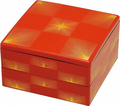 10セット　重箱 2段 6.5寸彩重2段 (外寸19.6cm角 高さ11.7cm)朱松葉市松 福井クラフト